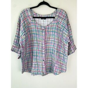 Apny 100 Linen Button Up Shirt XL Grey Grid Plaid Teacher Lagenlook Wearable Art